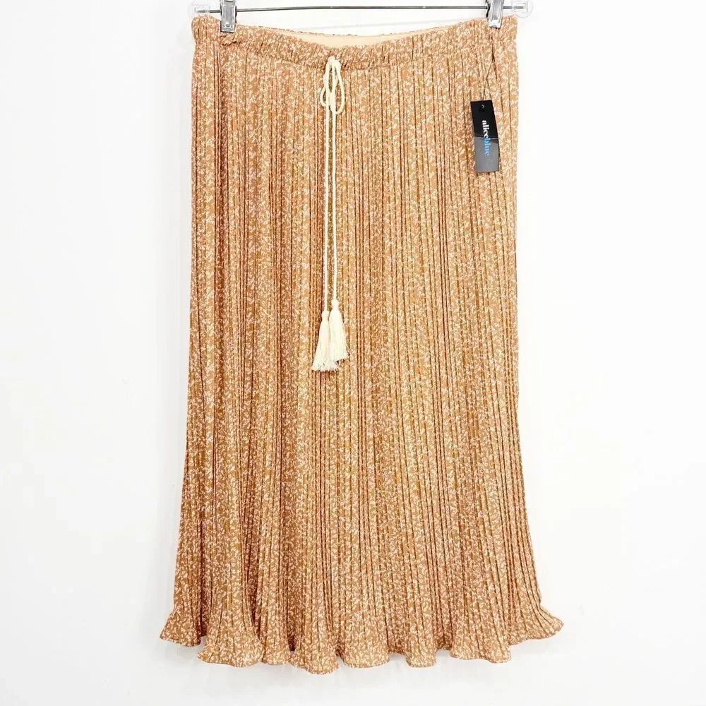 Alice Blue Orange White Micro Floral Accordion Pleat Tassel Tie Midi Skirt NEW